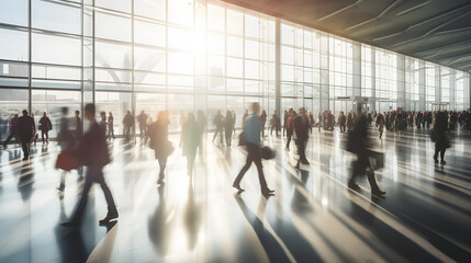 people walking in the airport, bright sunlight, long exposure image, blurred faces.