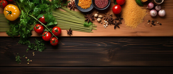 Italian spaghetti basil garnish herbs on black wooden board background, delicious Italian pasta on dark wood table counter, text copy space, top down view, flat lay, generative ai