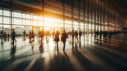 Long exposure photo of people walking in an airport terminal at sunset - obrazy, fototapety, plakaty