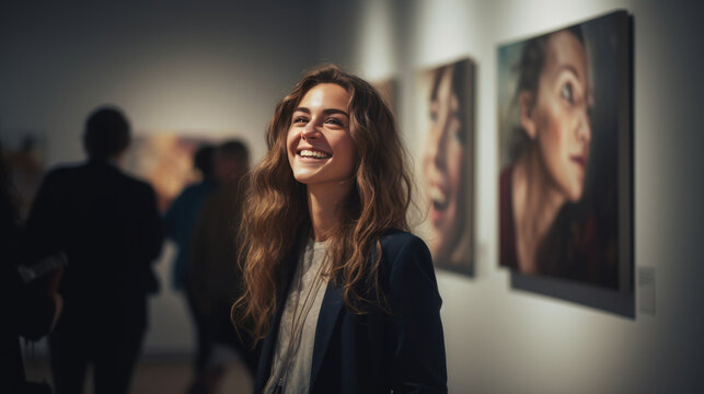 Woman looks at paintings in a gallery during an exhibition