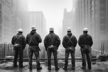 Five construction workers in black and white from behind stand in front of a construction site.