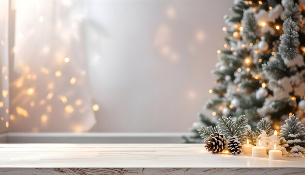 Empty white wooden table with blur bokeh background warm living room and snow