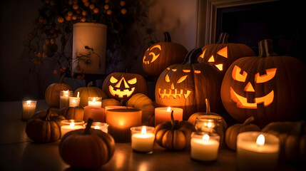 Halloween pumpkins and candlelight at night scary II, Generative AI illustration