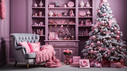 Christmas-decorated room with a modern interior designed in a Barbee style Pink color.