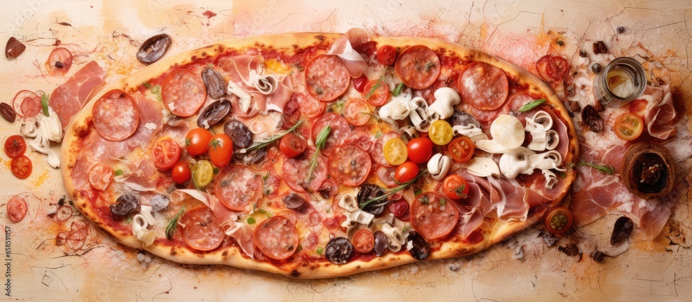 Poster variety of pizza toppings including salami mushrooms bacon and sundried tomatoes presented in a vert