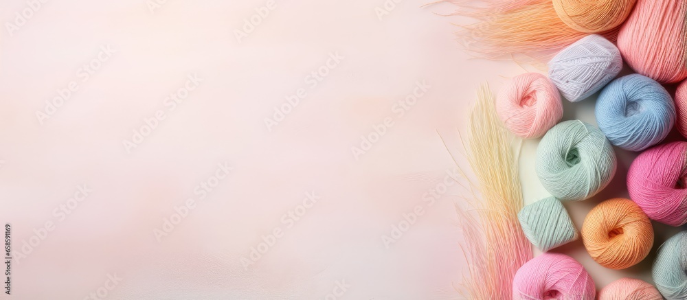 Poster Using various threads for knitting isolated pastel background Copy space