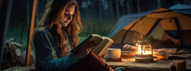 Woman reading a book sitting in the tent near the fire