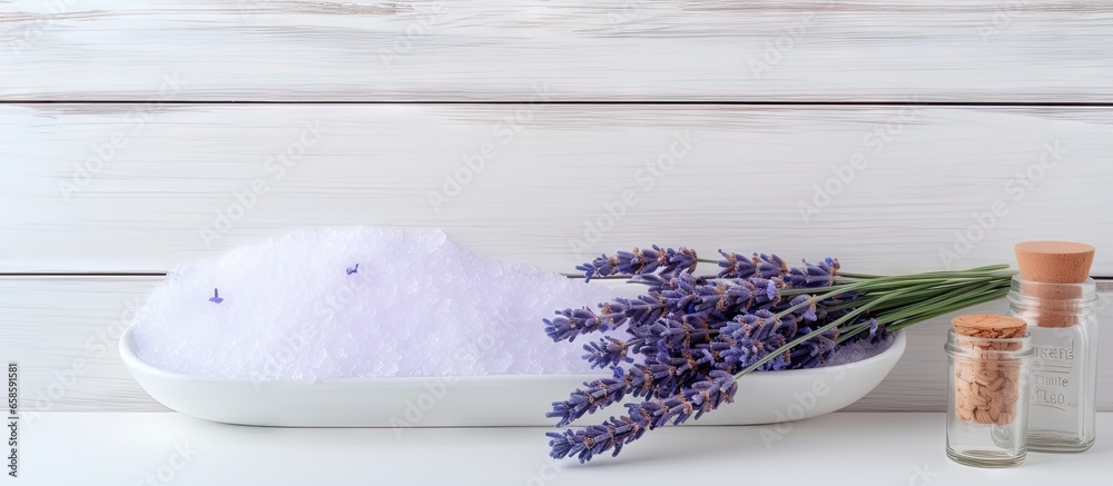 Poster white table displaying fresh salt made from lavender isolated pastel background copy space