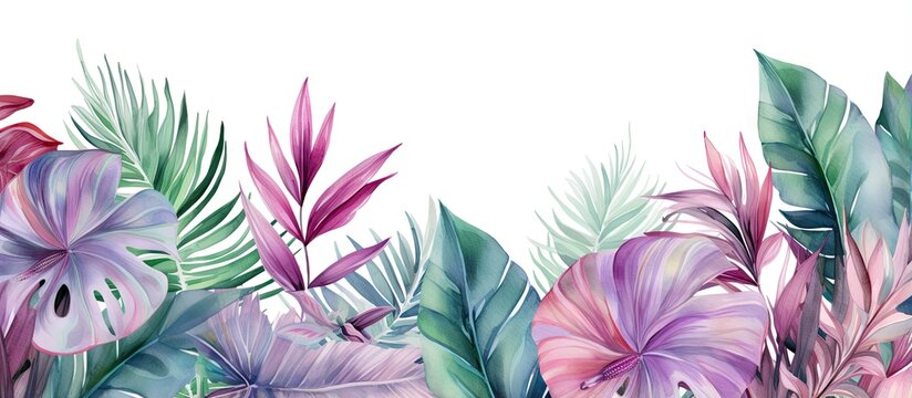 Tropical leaves in a watercolor pattern isolated pastel background Copy space