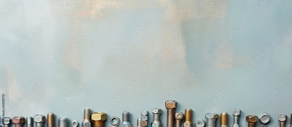 Poster various sizes of bolts nuts and more isolated pastel background copy space