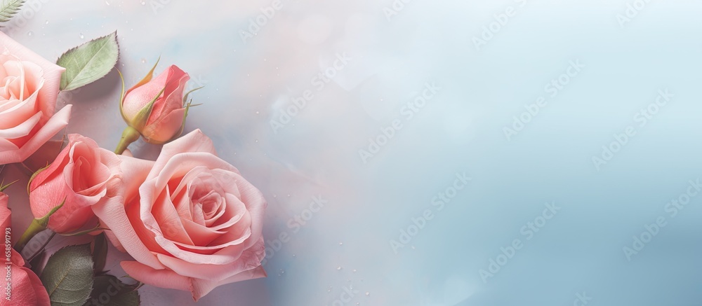 Poster valentines day bouquet featuring roses against a isolated pastel background copy space with a soft f