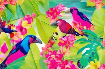Birds on a branch - Bright collage with exotic birds and tropical leaves. Floral decoration. Abstract nature background