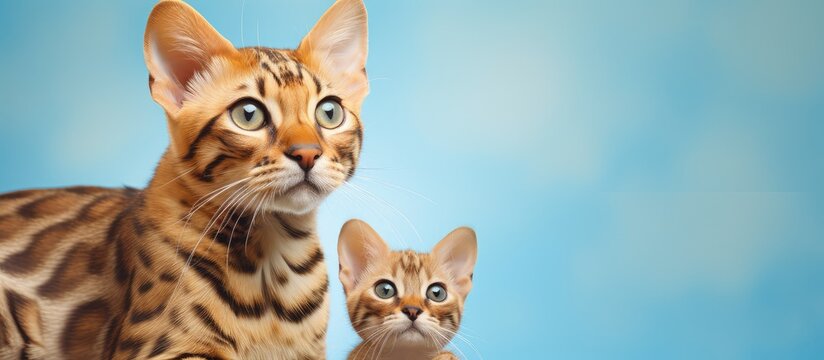 Two Bengal felines parent and offspring not facing forward Separated on a isolated pastel background Copy space