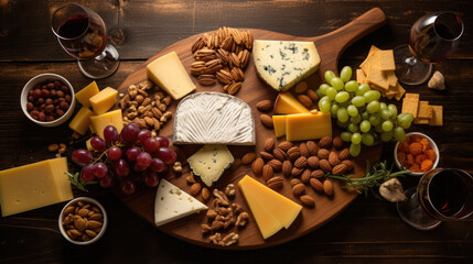Cheese plate served with grapes, wine, and nuts on a wooden background - obrazy, fototapety, plakaty