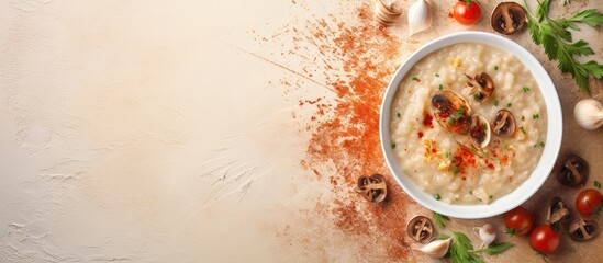 White Truffle and Porcini Tomato Risotto with Rucola isolated pastel background Copy space - obrazy, fototapety, plakaty