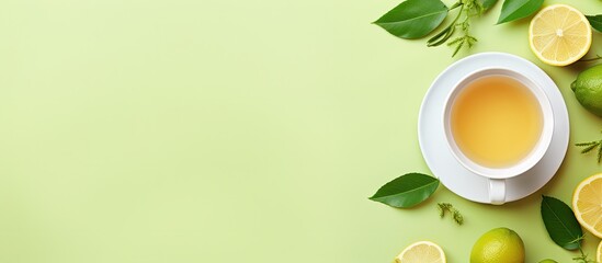 White cup of green tea with lemon viewed from above on a plate isolated on a isolated pastel background Copy space - obrazy, fototapety, plakaty