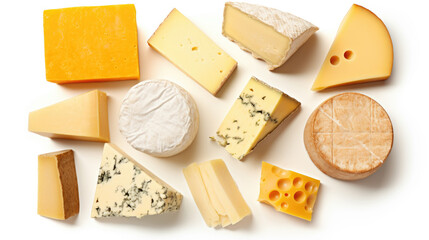 Set of different cheeses on white background. Top view. - obrazy, fototapety, plakaty