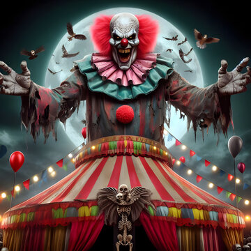 Payaso diab&oacute;lico sobre circo del terror con luna y murci&eacute;lagos