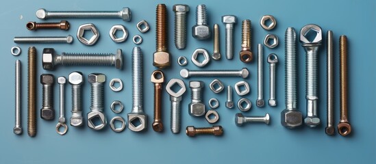 Various sizes of bolts nuts and more isolated pastel background Copy space