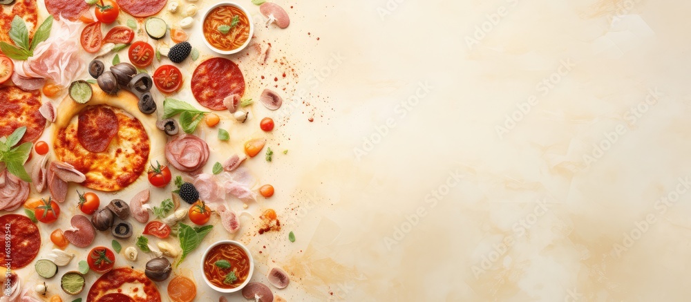 Poster variety of pizza toppings including salami mushrooms bacon and sundried tomatoes presented in a vert
