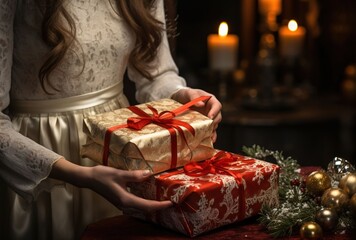 Fototapeta na wymiar Holiday Joy: Woman Holding a Christmas Gift - AI-Generated Photo