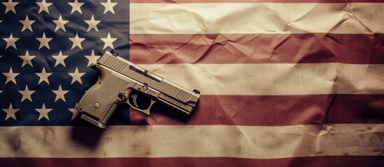 USA flag military attire and firearm against isolated pastel background Copy space