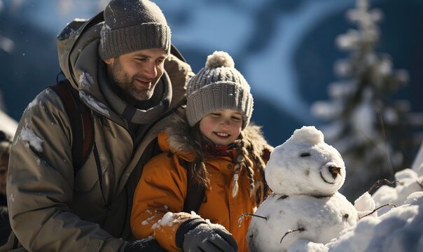Winter Family Fun: Father and Son Building a Snowman - AI-Generated Photo - Powered by Adobe