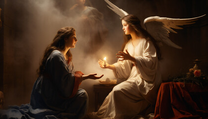 Artistic pictoric recreation of The Annunciation by the archangel Gabriel to Virgin Mary