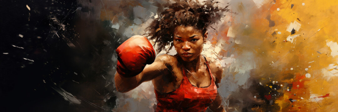Boxing sport woman afroamerican boxer action colorful splash painting illustration