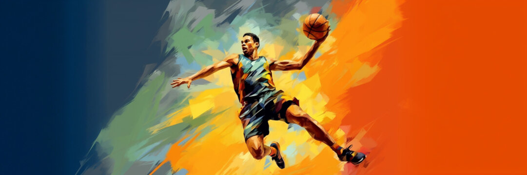 Basket sport player man jump, colorful painting illustration