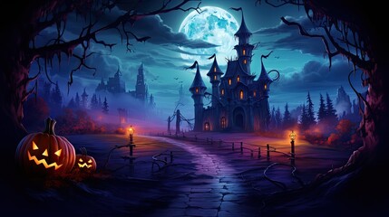 halloween background with halloween castle. dark cyan and purple