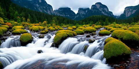 Streams of water that flow together to form a waterfall There are mountains and sky in the background.  AI generated - 658592974