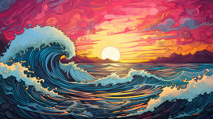 illustration of an ocean view with colorfull art style