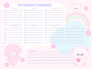 Weekly planner inspiration notepaper design printable .  White pink pages for tags , weekly notes,  to do list minimal style with flower tags cartoon character kawaii school board timetable 
