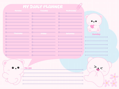 Weekly planner inspiration notepaper design printable .  White pink pages for tags , weekly notes,  to do list minimal style with flower tags cartoon character kawaii school board timetable 