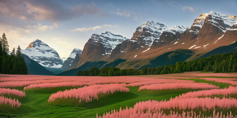 Field of orange flowers in the middle of the valley The background is a large mountain.  AI generated - 658593331