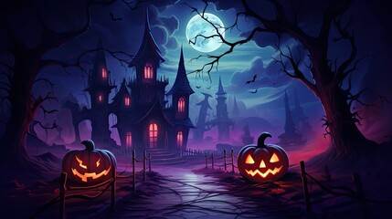 halloween background with halloween castle. dark cyan and purple