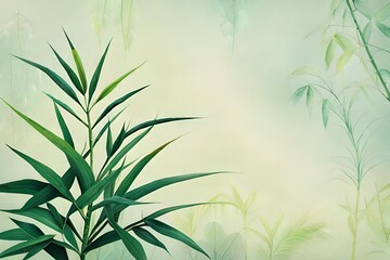 Fototapeta premium bamboo leaves on marble paper background, top view of bamboo leaves