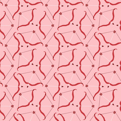 Seamless pattern with bow and arrow. Valentines day decor. Festive pattern for fabric, wrapping paper, clothing. Vector illustration.