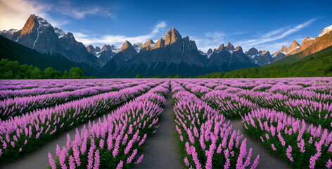 big pink flower garden There are mountains and a blue sky in the background.  AI generated - 658593596