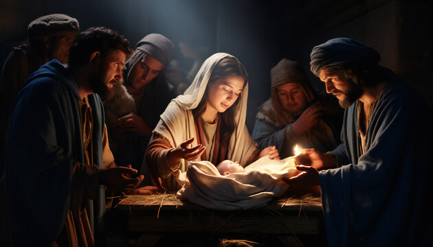 Pictoric recreation of the adoration of shepherds in the birth of jesus baby in nativity scene