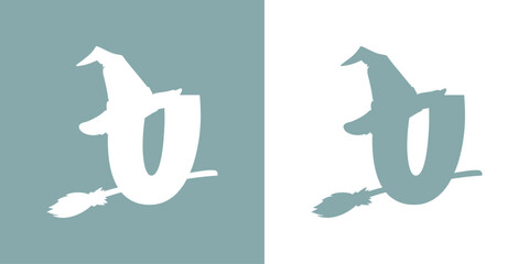 Icono letra inicial U con silueta de sombrero de bruja volando en escoba. Logo para su uso en invitaciones y tarjetas de Halloween © teracreonte