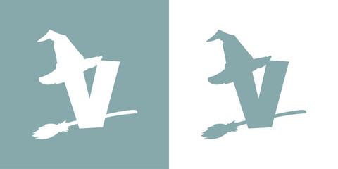 Icono letra inicial V con silueta de sombrero de bruja volando en escoba. Logo para su uso en invitaciones y tarjetas de Halloween © teracreonte
