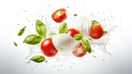 Poster Mozzarella cheese balls, tomatoes and basil leaves for caprese salad flying on white background. © MP Studio