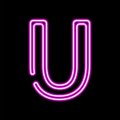 Neon letter U on dark background, vector illustration