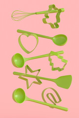 Set of metal cookie cutters and wooden kitchen utensils on monochrome background