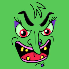 Illustration of the face of a witch with toothless smile and red eyes, Halloween illustration, design for t-shirt