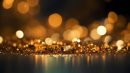 festive background of gold sparkles with bokeh on a dark background, copy space