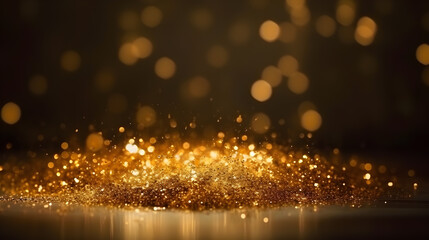 festive background of gold sparkles with bokeh on a dark background, copy space
