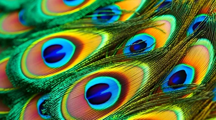 Foto op Plexiglas background of luxurious peacock tail feathers close up © Yuliia
